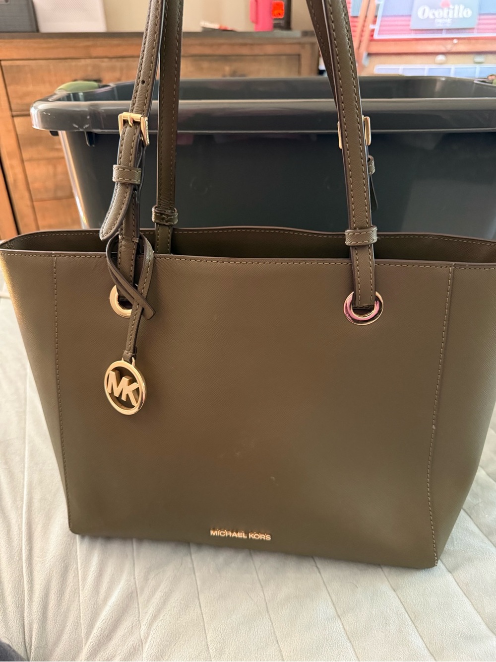 Michael Kors Olive Green Leather Tote with Gold Hardware